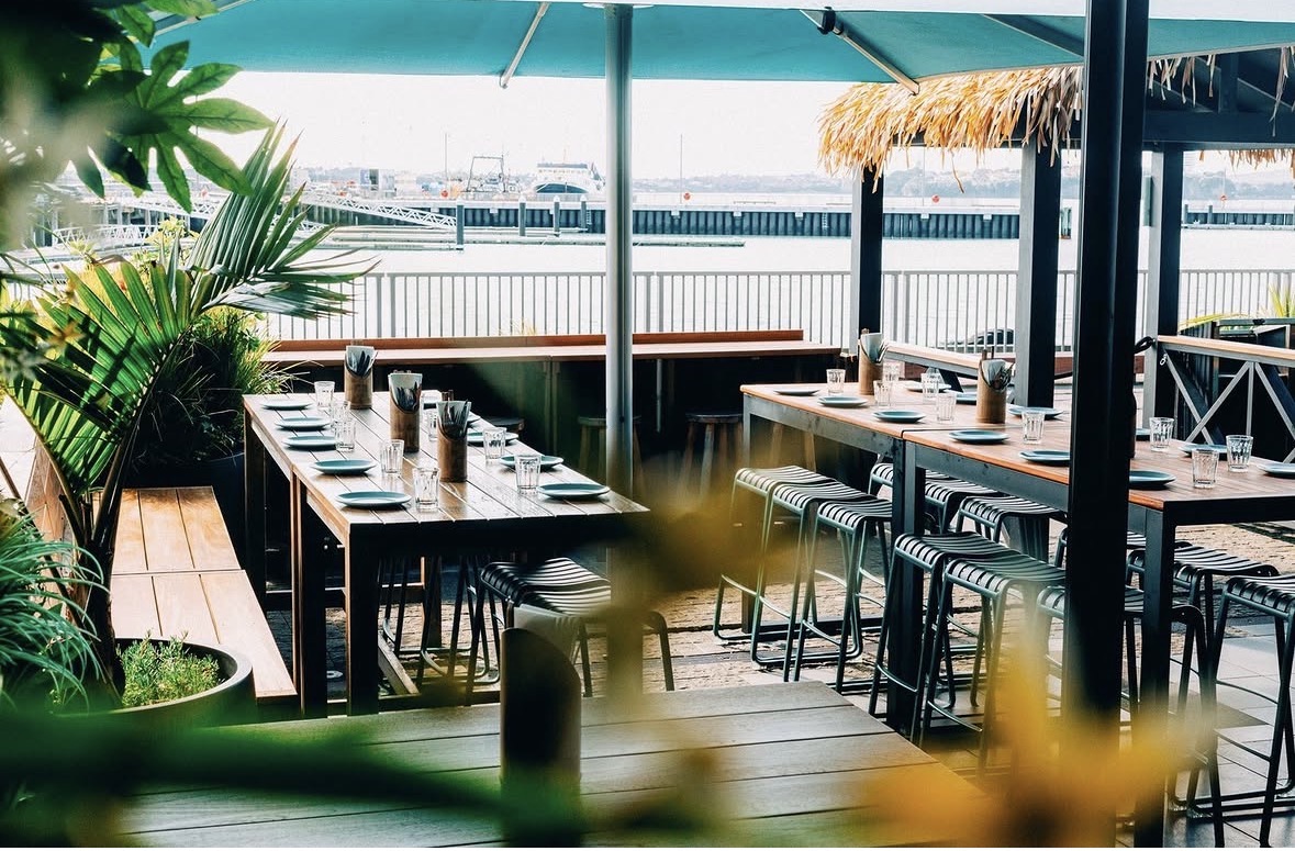 The Kokoscape outdoor dining tables looking towards the harbour